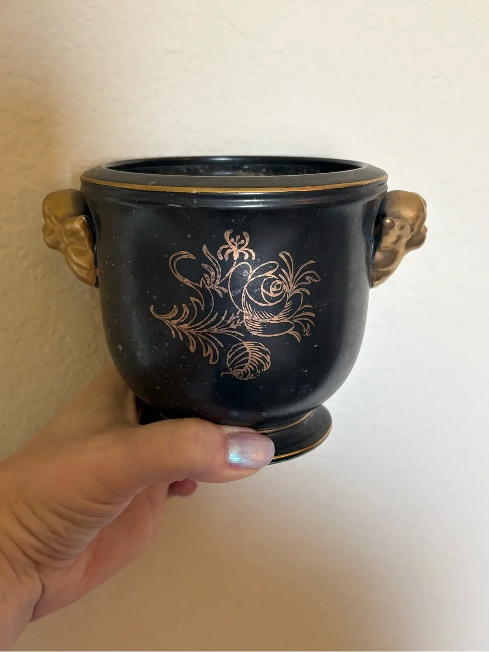 Vintage Lenwile Ardalt Black and Gold Ceramic Planter with Cherub Detailing